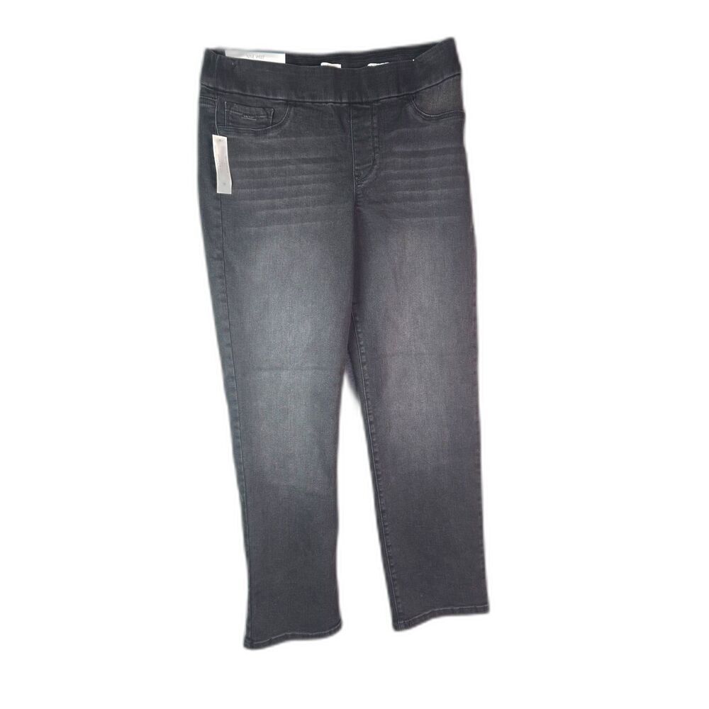 Nine West Heidi Pull On Straight Jeans Charcoal Black 10 Stretch Elastic Waist